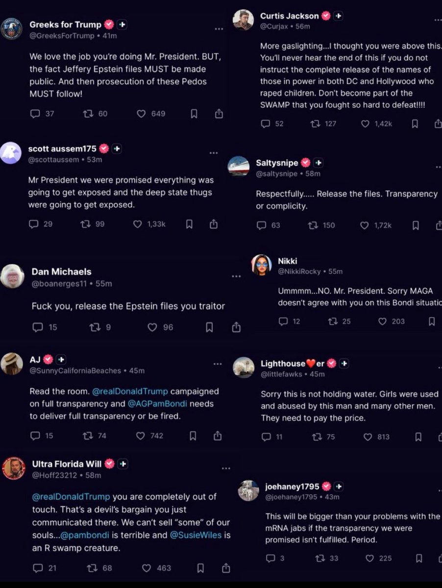 The MAGA mutiny over Trump’s refusal to release the Epstein list is in full swing. I’ve never seen so many angry replies to his posts before.