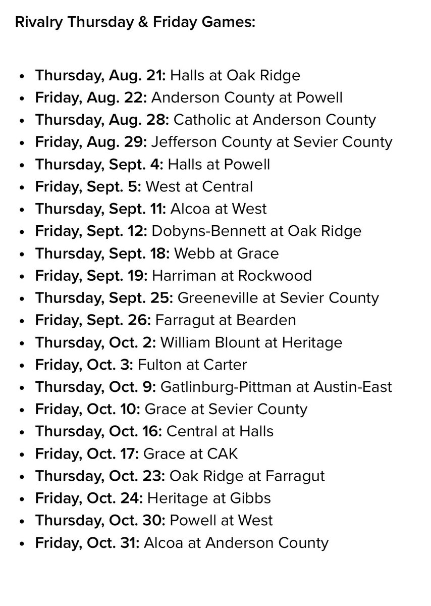rivalrythursday's tweet image. The schedules are finally complete for the 2025 seasons of Rivalry Thursday and Rivalry Friday!!! See you soon on The KNOX, WBIR+ and the Rivalry Thursday YouTube channel!!! @AustinPriceless @_Cainer @CoachTcom @wbir @Packer_sports