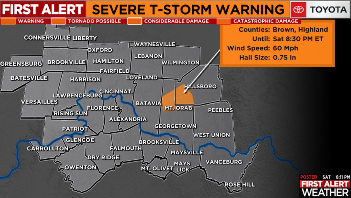 A *SEVERE T-STORM WARNING* has been issued for highlighted areas of the FOX19 NOW viewing area. SEEK SHELTER NOW IF YOU'RE IN THE HIGHLIGHTED AREA! For more information, please go to fox19.com/weather &amp; stay up to date on the First Alert Weather app! #cincywx #FirstAlert