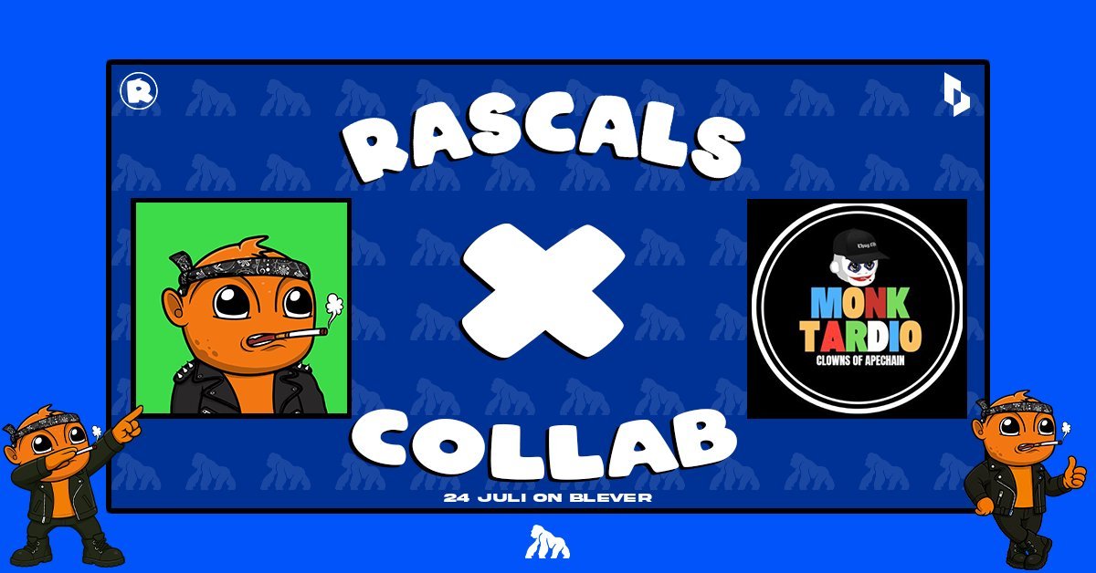 Rascals x Monktardio

Thrilled to announce that we secured 50 x GTD Spots for Rascals on Ape.

How we Split:
35 WL - Discord Raffle
15 WL - X Raffle

How to Enter the X Raffle:

🤡Follow <a href="/RascalsonAPE/">Rascals</a>  &amp; <a href="/Monktardio/">Monktardio</a>
🤡RT+Like this post
🤡Reply with your Apechain Wallet + Tag 2