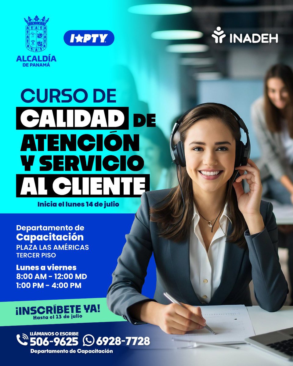 La Alcaldía de <a href="/Panamaalcaldia/">Alcaldía de Panamá</a> y el <a href="/InadehOficial/">INADEH</a> estarán impartiendo un curso de “Atención y servicio al cliente”, con el objetivo de desarrollar las habilidades con demanda en el mercado laboral.

El primer curso iniciará a partir de este lunes 14 de julio, tendrá una duración