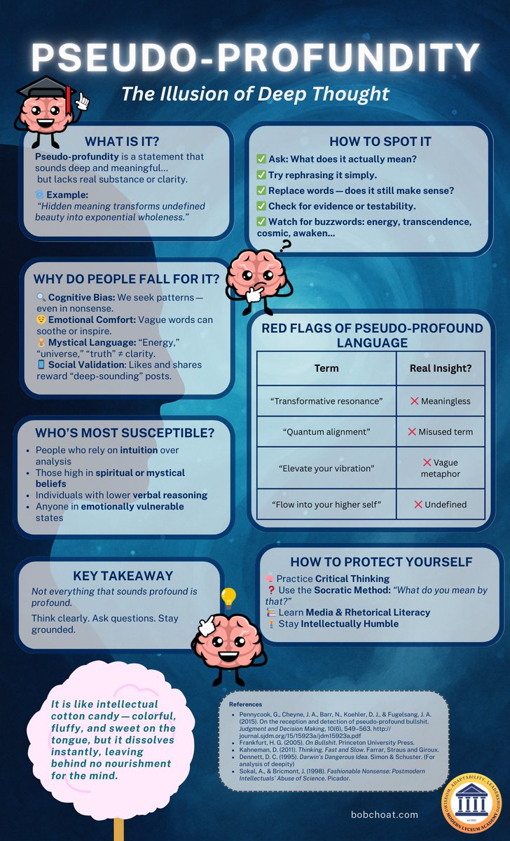 BobChoat's tweet image. Not everything that sounds profound actually is.
🧠 Your brain loves “deep-sounding” nonsense.
Here’s how to fight back with logic.
👇 See the infographic.
#MindOverMyth #Deepity #BullshitReceptivity #MediaLiteracy