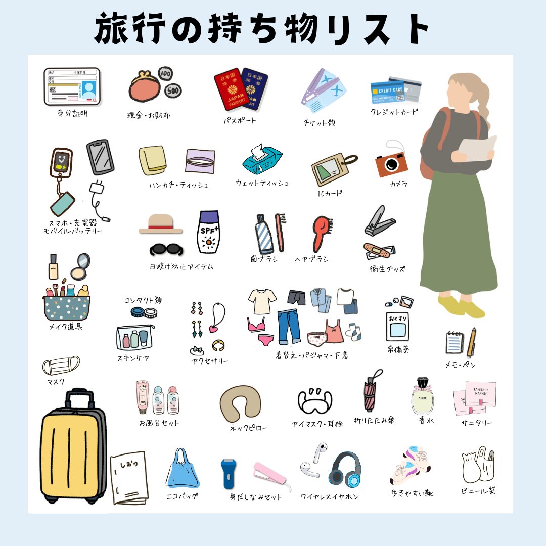 夏休み旅行の準備はこれ。
『旅の持ち物リスト』まとめ▼

忘れたくない最低限のものだけ厳選したよ