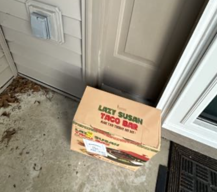 I am the worst mother-in-law ever! I got my daughter-in-law this cute taco set for her birthday and had it delivered to their house. I guess I didn't read the description carefully enough though, because LOOK AT THE BOX!
(Her name is Susan.)