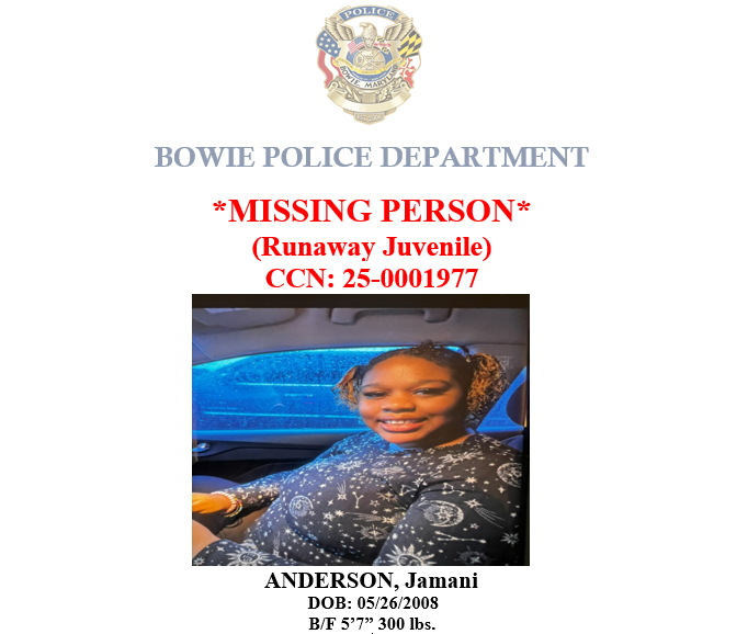 🚨Missing Person: Jamani Anderson.
The individual shown was reported missing on 07/11/2025. Jamani Anderson was last seen on the same day at approximately 06:22 AM, near the 3000 block of New Oak Lane, Bowie, MD. She was wearing all black and carrying a black bag.
Anyone with