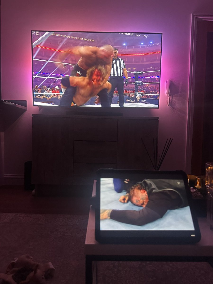 I have Jelly Roll being knocked out by Logan Paul on WWE SNME and Adam Page stabbing Jon Moxley with a fork on AEW All In, quite the difference right now