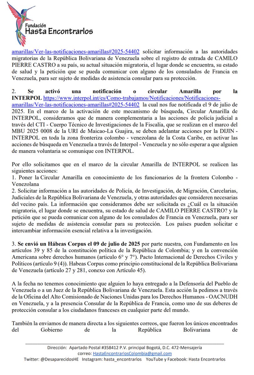 Hasta Encontrarlos! (@desaparecidoshe) on Twitter photo 1/2
INSISTENCIA EN SOLICITUDES DE BÚSQUEDA DE CAMILO PIERRE CASTRO, CIUDADANO FRANCES DETENIDO – DESAPARECIDO EN FRONTERA DE
COLOMBIA Y VENEZUELA
<a href="/NicolasMaduro/">Nicolás Maduro</a> <a href="/teleSURtv/">teleSUR TV</a> <a href="/CancilleriaVE/">Cancillería Venezuela 🇻🇪</a> <a href="/PartidoPSUV/">PSUV</a> <a href="/avnve/">Agencia Venezolana de Noticias</a> <a href="/oveprisiones/">Observatorio Venezolano de Prisiones</a> <a href="/CICR_ve/">CICR Venezuela</a> <a href="/SuizaColombia/">Embajada de Suiza en Colombia</a> <a href="/petrogustavo/">Gustavo Petro</a> <a href="/CancilleriaCol/">Cancillería Colombia</a> 1/2
INSISTENCIA EN SOLICITUDES DE BÚSQUEDA DE CAMILO PIERRE CASTRO, CIUDADANO FRANCES DETENIDO – DESAPARECIDO EN FRONTERA DE
COLOMBIA Y VENEZUELA
<a href="/NicolasMaduro/">Nicolás Maduro</a> <a href="/teleSURtv/">teleSUR TV</a> <a href="/CancilleriaVE/">Cancillería Venezuela 🇻🇪</a> <a href="/PartidoPSUV/">PSUV</a> <a href="/avnve/">Agencia Venezolana de Noticias</a> <a href="/oveprisiones/">Observatorio Venezolano de Prisiones</a> <a href="/CICR_ve/">CICR Venezuela</a> <a href="/SuizaColombia/">Embajada de Suiza en Colombia</a> <a href="/petrogustavo/">Gustavo Petro</a> <a href="/CancilleriaCol/">Cancillería Colombia</a>