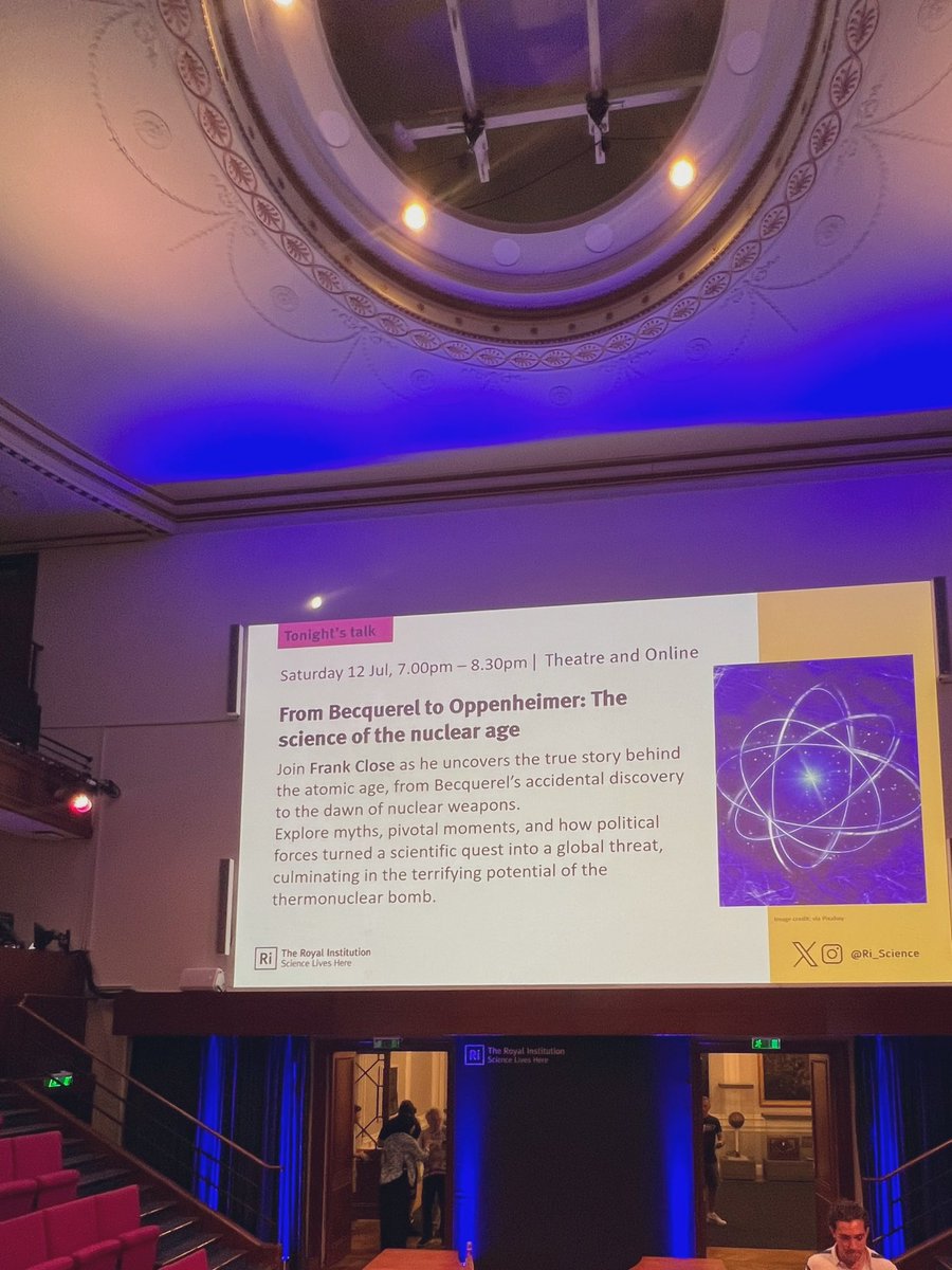 mitzideluca's tweet image. A real treat to attend @closefrank’s lecture @Ri_Science: From Becquerel to Oppenheimer: The Science of the Nuclear Age. A fascinating journey from radioactivity’s discovery to nuclear power’s impact. An engaging, thought-provoking evening. #NuclearAge #DestroyerOfWorlds