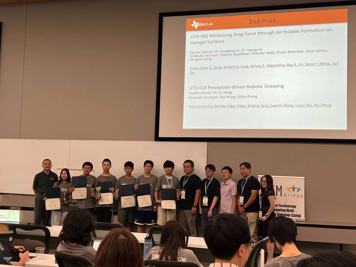 YuXiang_IRVL's tweet image. We @IRVLUTD hosted 7 high school students this summer through the STEM Bridge Program, where they explored perception-driven robotic grasping with @JwRobotics and Qifan Zhang. Their project just won 2nd place out of 15 teams—huge congrats to the team! 👏🤖