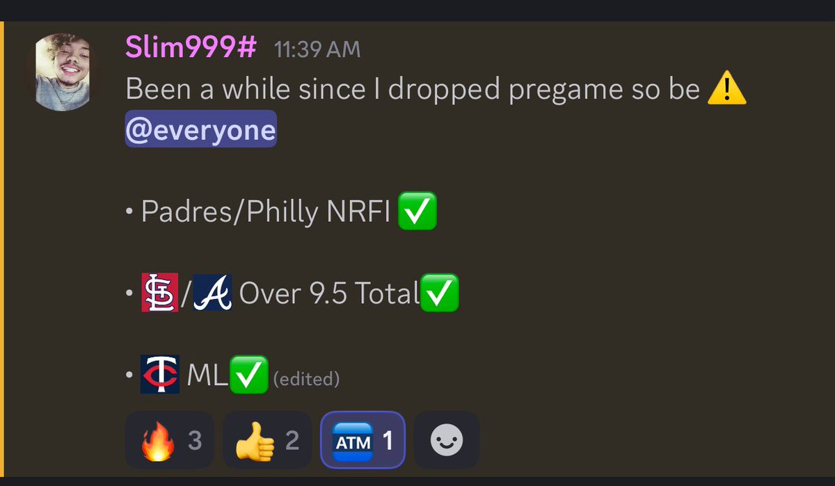 SlimWrld9's tweet photo. Saturday Recap 🏧

• Fried Under 97.5 Pitches Thrown ✅

• Vierling Under 1.5 Hit/Runs/RBI’s ✅

Discord Plays (Link in Bio)

• SD/Philly NRFI ✅

• ATL/STL Over 9.5 Game Total ✅

• Twins ML ✅ https://t.co/X5XwH4YNe2