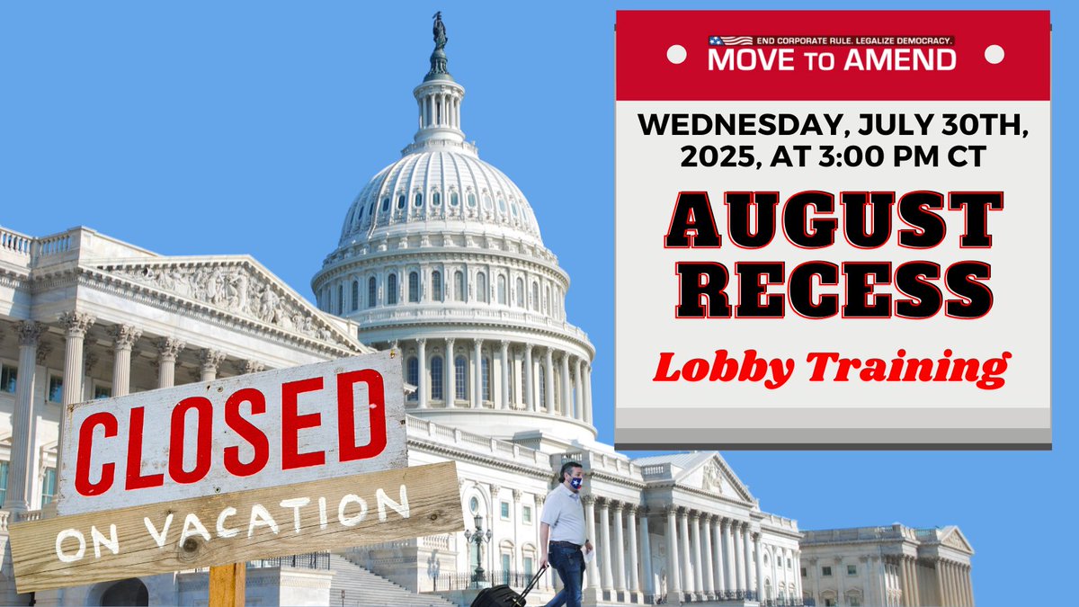 🚨 Join us on July 30th to prepare for lobbying your Representatives during the August recess. We'll help you craft your strategy and get ready to make an impact!
📞 Start calling your Rep’s office NOW to request a meeting!
🔗 RSVP: movetoamend.org/august_recess_…