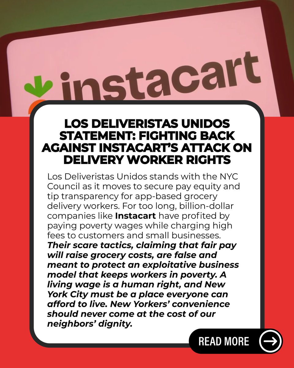 🚨<a href="/LosDeliveristas/">Los Deliveristas Unidos</a> Calls Out <a href="/Instacart/">Instacart</a> Fear Tactics 

Big corporations like Instacart use lies and scare tactics to avoid paying delivery workers a fair wage. But we see through the bluff — all delivery workers deserve a living wage and respect.
✊🏿✊🏽✊🏻 #Equitypaynow