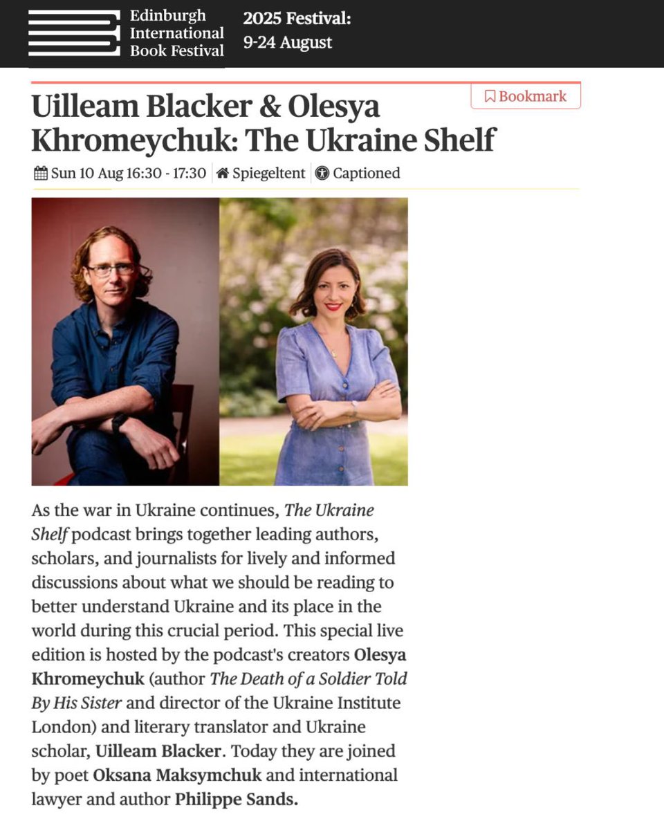 Olesya Khromeychuk (@okhromeychuk) on Twitter photo I’m really looking forward to speaking at this year’s Edinburgh International Book Festival <a href="/edbookfest/">Edinburgh International Book Festival</a>. Together with <a href="/BlackerUilleam/">Uilleam Blacker 🇺🇦</a>, I’ll be recording a new episode of the Ukraine Shelf podcast, with guests Philippe Sands and Oksana Maksymchuk. 1/2
edbookfest.co.uk/the-festival/w… I’m really looking forward to speaking at this year’s Edinburgh International Book Festival <a href="/edbookfest/">Edinburgh International Book Festival</a>. Together with <a href="/BlackerUilleam/">Uilleam Blacker 🇺🇦</a>, I’ll be recording a new episode of the Ukraine Shelf podcast, with guests Philippe Sands and Oksana Maksymchuk. 1/2
edbookfest.co.uk/the-festival/w…