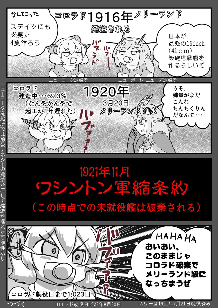 #どうでもいい知識でフォロワーの貴重な脳細胞を無駄に消費させたい 
長門とMarylandは「二大戦艦」と呼ばれていた時期がある。
当時 次々と強大な戦艦が生み出される中、軍縮条約が制定。条約発動迄に未完成の戦艦は破棄せねばならない。他の戦艦は完成の見込みが薄く新聞は二大戦艦と紹介していた 