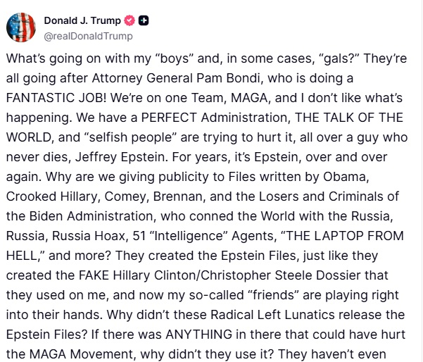 Trump posts on Truth Social to defend Pam Bondi in Epstein files case.