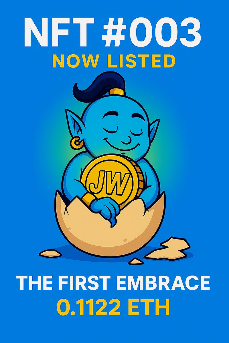 TokenJW's tweet photo. NFT #003 — NOW LISTED!

🧞‍♂️ The First Embrace
💙 Jinnie is born… and he’s holding the future.
💰 0.1122 ETH
🔗https://t.co/5aLyZTjpA5

#JWToken #NFTDrop #BornToRise #CryptoArt #EthereumNFT #NFTCommunity #JinnieIsHere #MagicOnChain #AltcoinSeason #WhaleWatch #Web3 #VaultUnlocked 

@CharlotteHype What do you think 😜
