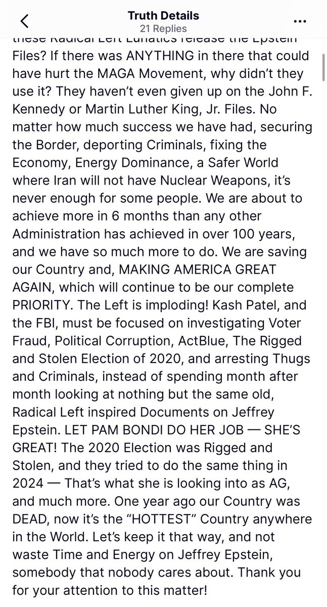 This post from Donald Trump offers a crystal-clear look into several defining traits of his personality and political strategy:

🔥 1. Paranoia &amp; Victim Complex

He frames himself and his allies as constant victims of grand conspiracies — from Epstein files to the Steele dossier,