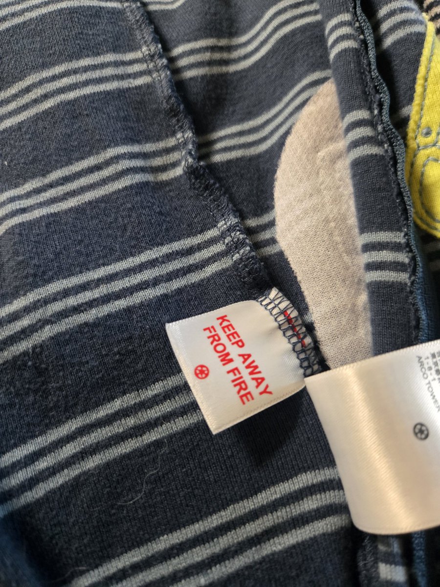 VTFlatlander's tweet image. This tag on my son's pajamas. Yes, I plan on keeping him away from fire, thanks for the reminder.