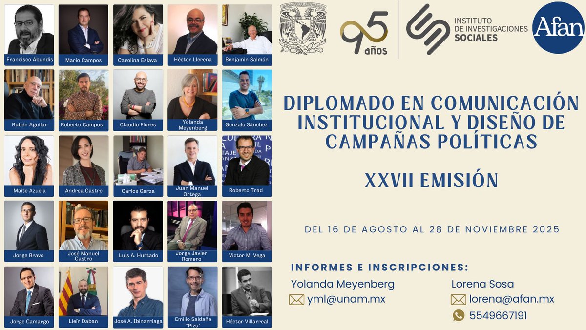 DiplomadoComIIS's tweet image. 📢 ¡Inscripciones abiertas!
¿Te interesa la comunicación política, las campañas electorales y la estrategia institucional? Este diplomado es para ti.
🧠 Aprende con expertas y expertos en comunicación, análisis político, medios y estrategia electoral.
📍 Modalidad a distancia…