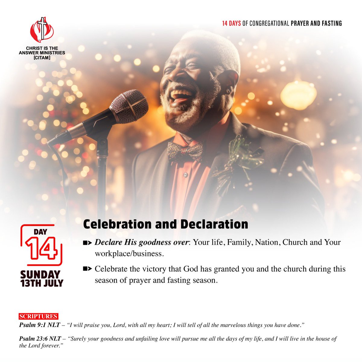 DAY 14- CELEBRATION AND DECLARATION 

Declaration of His goodness over our country, jobs, families and jobs
Celebrating God’s victory in our lives

#celebratejesus #gratitude #declaration #instepwiththespirit