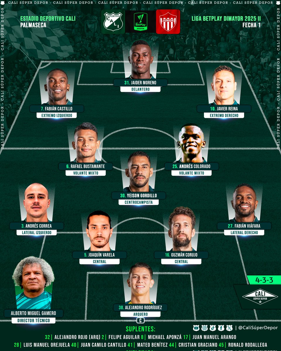 1️⃣1️⃣ | Este es el once inicial de nuestro Deportivo Cali para enfrentar a Junior FC por la Fecha 1 de la Liga BetPlay. 🟢⚪

#VamosCali 💚