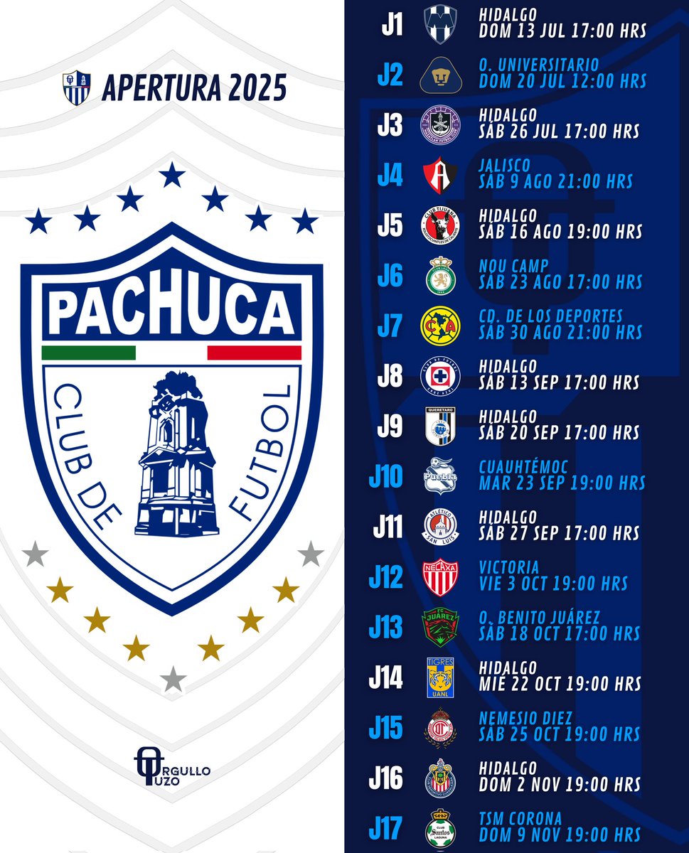 Orgullo_Tuzo's tweet image. ¡Qué No Se Te Pase! 🗓️🩵
Te dejamos el Calendario Oficial del Club de Fútbol Pachuca @Tuzos para la @LigaBBVAMX Apertura 2025. ⚪🔵
#OrgulloTuzo💙