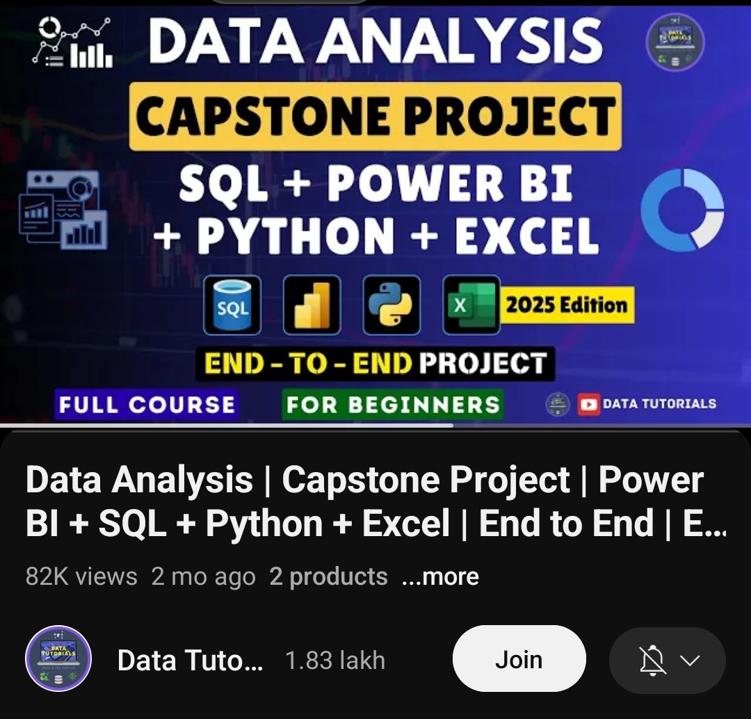 "Data Analysis - capstone project "

A whooping 7 hours of project, using,

#SQL + #PowerBI + #Python + #Excel.

Link in comments 😎👇