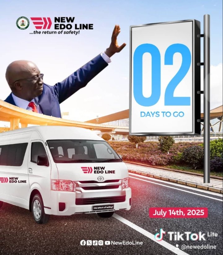 NewEdoLine's tweet image. 2 DAYS TO GO.
A smarter, safer Edo is almost here
New Edo Line brings dignity, trust & pride back to public transport
Brand new buses
Cashless fares
Trained staff
Big impact
Launches July 14th, 2025.
#NewEdoLine
#2DaysToGo
#TheReturnOfSafety
#EdoOnTheMove
#DrivenByDignity