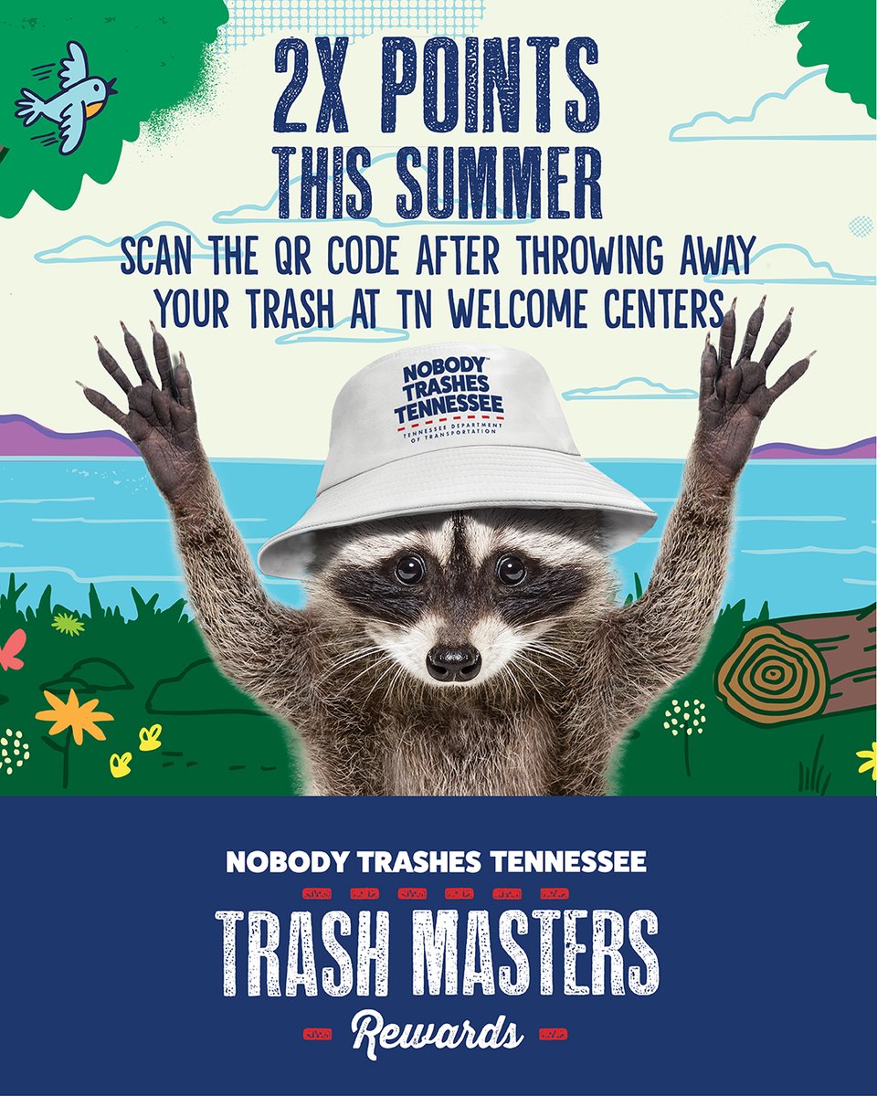 All month long in July, you can earn double points in the Trash Masters Rewards program just by visiting a Tennessee State Welcome Center! 🌄

📍 Stop by any welcome center
📸 Scan the QR code on the trash bins
✨ Earn double the points

More points = more swag 🙌