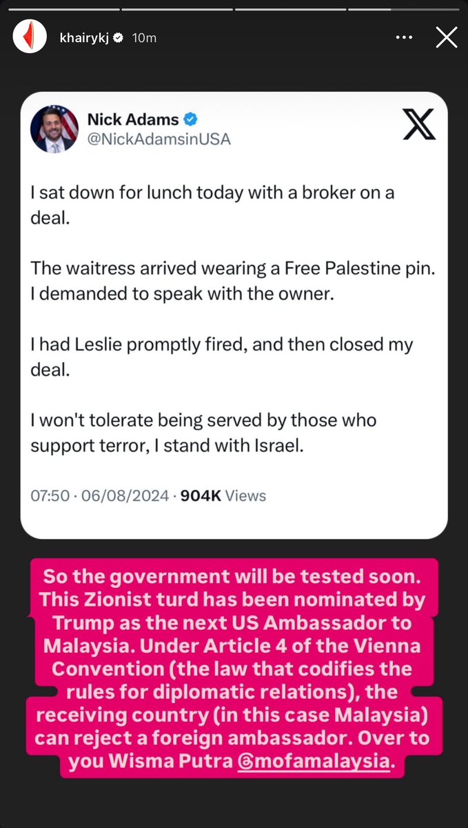 syahir's tweet photo. Tolak @NickAdamsinUSA. Zionists are not welcome here.  

@MalaysiaMFA @tokmatn9 #FreePalestine https://t.co/2lnOIQC0Jp