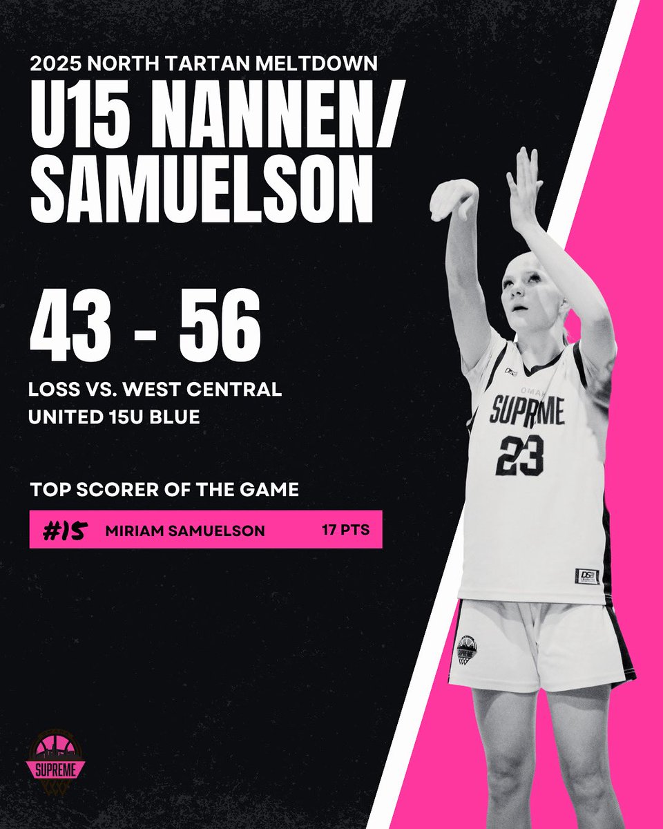 Omaha Supreme Girls U15 Nannen fall to West Central United 15U Blue at the 2025 North Tartan Meltdown Basketball Tournament. 

Top Scorer:
🏀 Miriam Samuelson (<a href="/MiriamSamuelso3/">Miriam Samuelson</a> ) - 17 pts.

Roster: omahasupremebasketball.com/nannen-samuels…