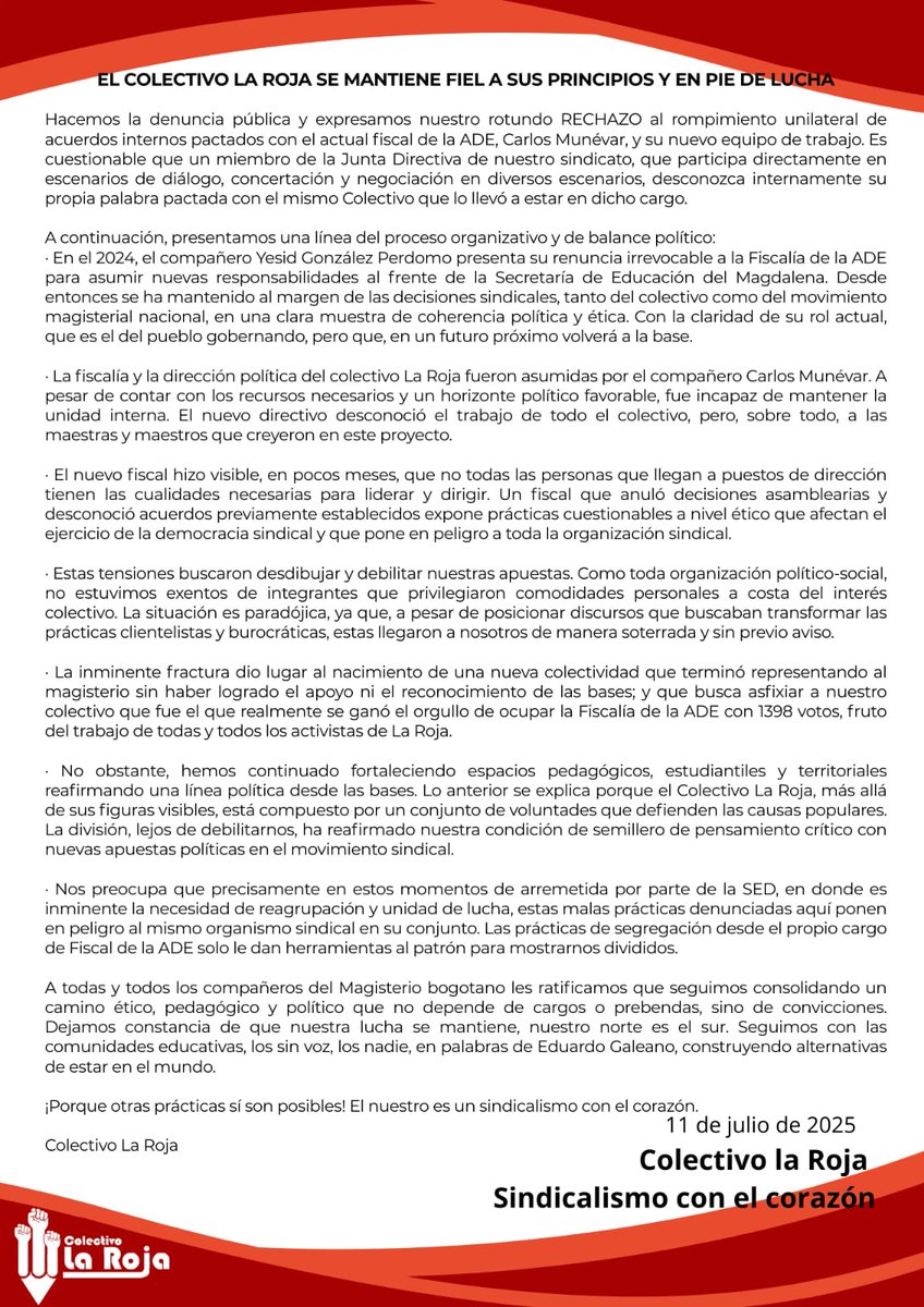 RedLaRoja1's tweet photo. A todas y todos los compañeros del Magisterio bogotano les ratificamos que seguimos consolidando un camino ético,pedagógico y político que no depende de cargos o prebendas, sino de convicciones.
Colectivo la Roja,sindicalismo con el corazón https://t.co/9O78u7vKTz
