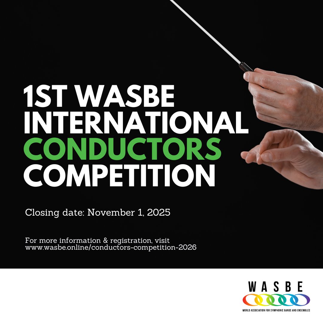 🌎 Calling all conductors! Apply now for the WASBE Conductors Competition 2026 in Rio de Janeiro 🇧🇷, held during the 21st WASBE Int’l Conference. Deadline: Nov 1, 2025. Details 👉 wasbe.online/conductors-com… #WASBE2026 #WindBand #Conducting #WASBE