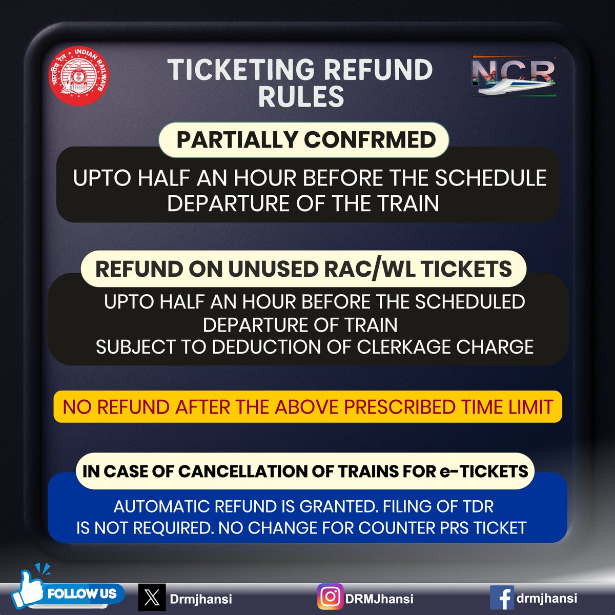 🚨 Planning to cancel your train ticket?
Know the refund rules for your tickets! 

🕒 Cancellation charges vary with time left before departure.

Stay informed. Travel smart. 🚆
#IndianRailways #TicketRefund  #PassengerInfo