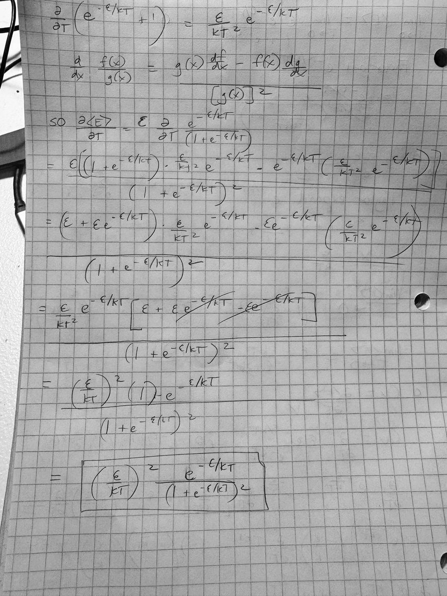 kylekabasares's tweet image. When it comes to manipulating distribution functions in statistical physics, it feels like some parts are amount to just remembering how to take tedious derivatives of functions using the quotient and chain rule you learn in first-semester Calculus. It pays to know those…