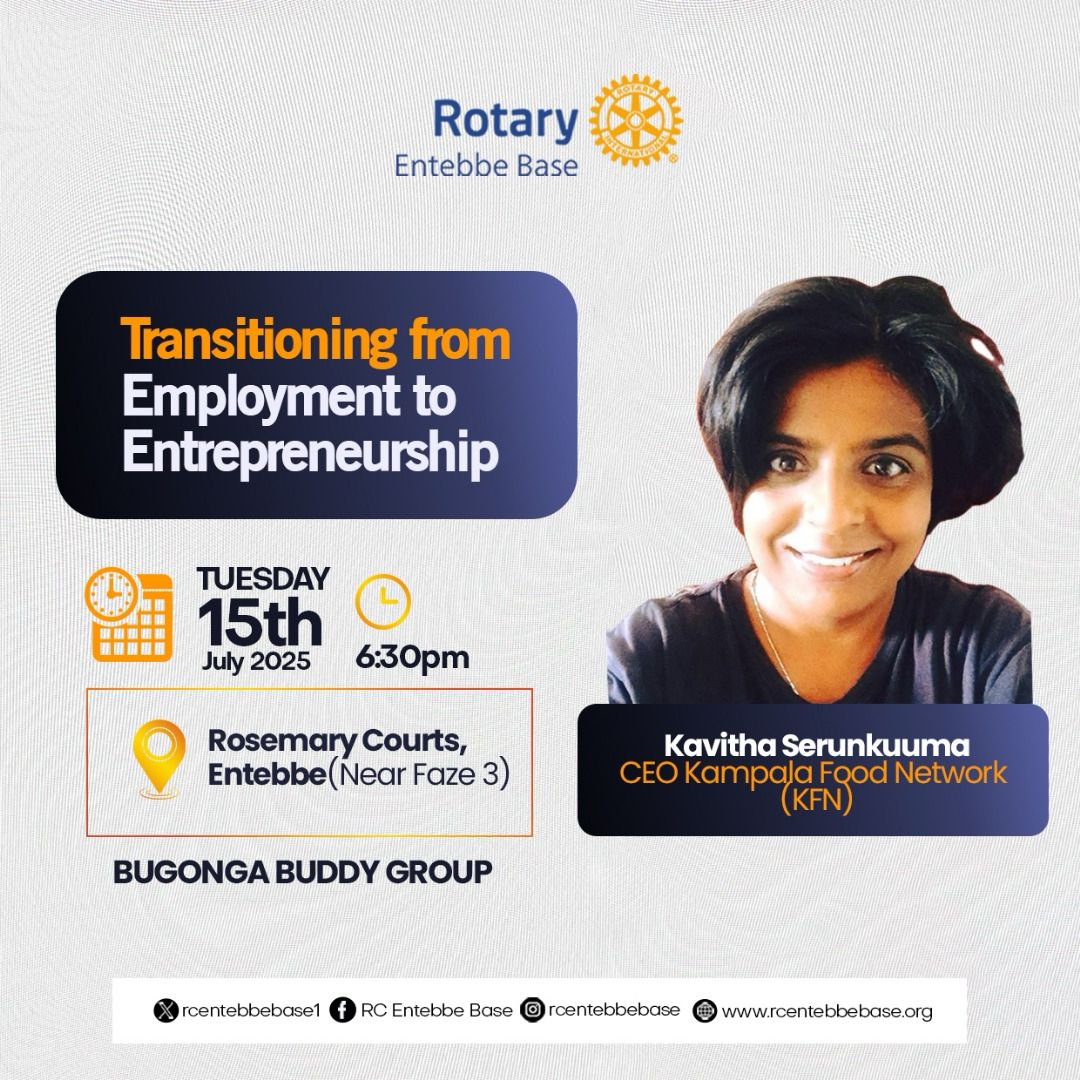 RcEntebbeBase1's tweet image. 📢 RC Entebbe Base warmly invites you to our upcoming fellowship!
Topic: Transitioning from Employment to Entrepreneurship
Guest Speaker: Kavitha Serunkuma
Date: Tuesday, 15th July 2025
Time: 6:30 PM
Venue: Rosemary Courts, Entebbe
Come and gain valuable insights, practical…