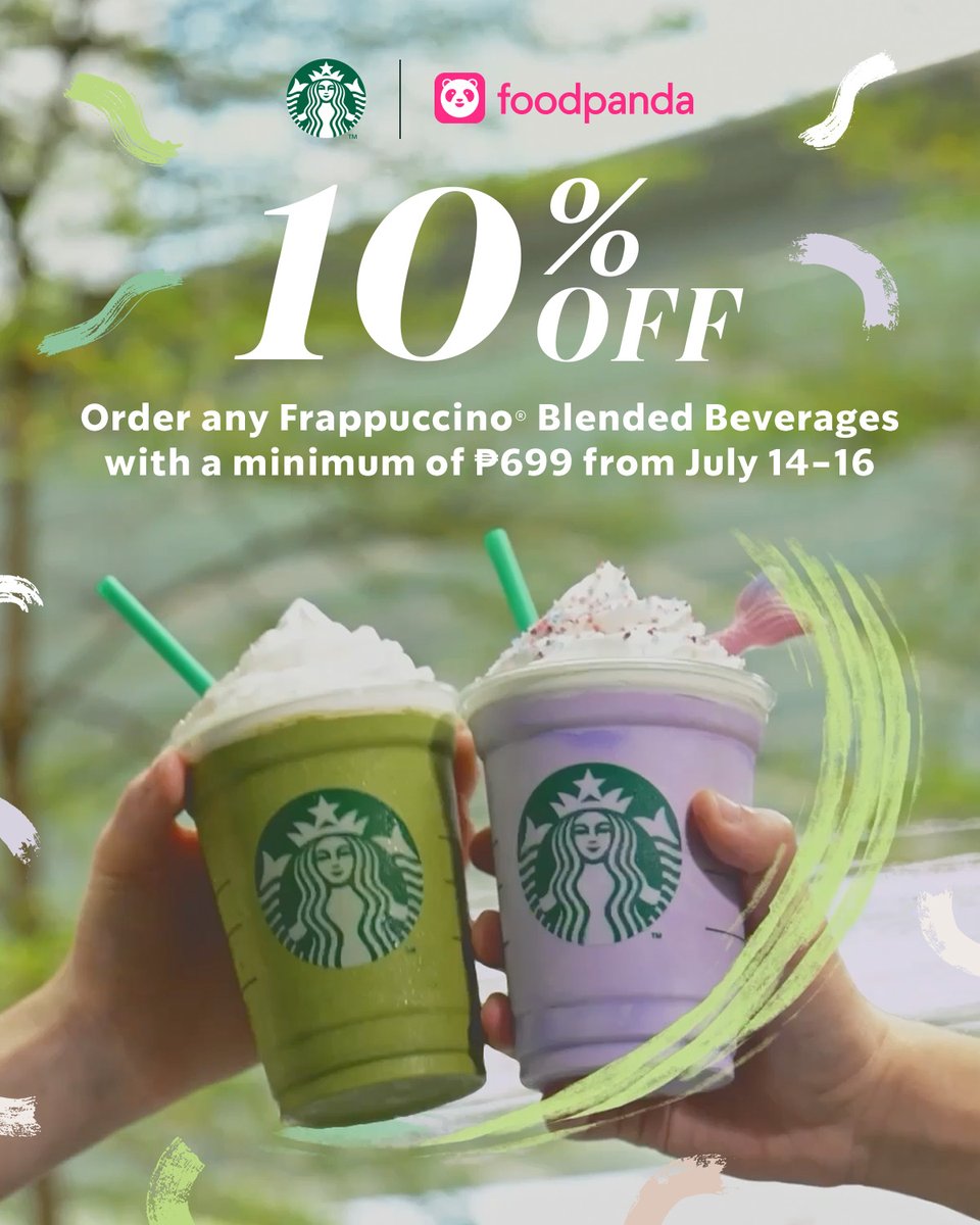 Celebrate with your favorite Frappuccino® sip! 🎉

Get 10% OFF your foodpanda purchase of Php 699 worth of any Starbucks Frappuccino® Blended Beverage from July 14-16. Maximum discount of Php 70 applies.

#WhipUpTheParty and treat yourself anytime, anywhere!