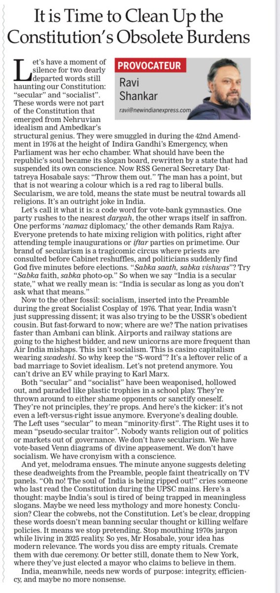 Ravi Shankar (@etteth) on Twitter photo My Sunday column in <a href="/NewIndianXpress/">The New Indian Express</a> on why secularism must be deleted from Indian constitution My Sunday column in <a href="/NewIndianXpress/">The New Indian Express</a> on why secularism must be deleted from Indian constitution