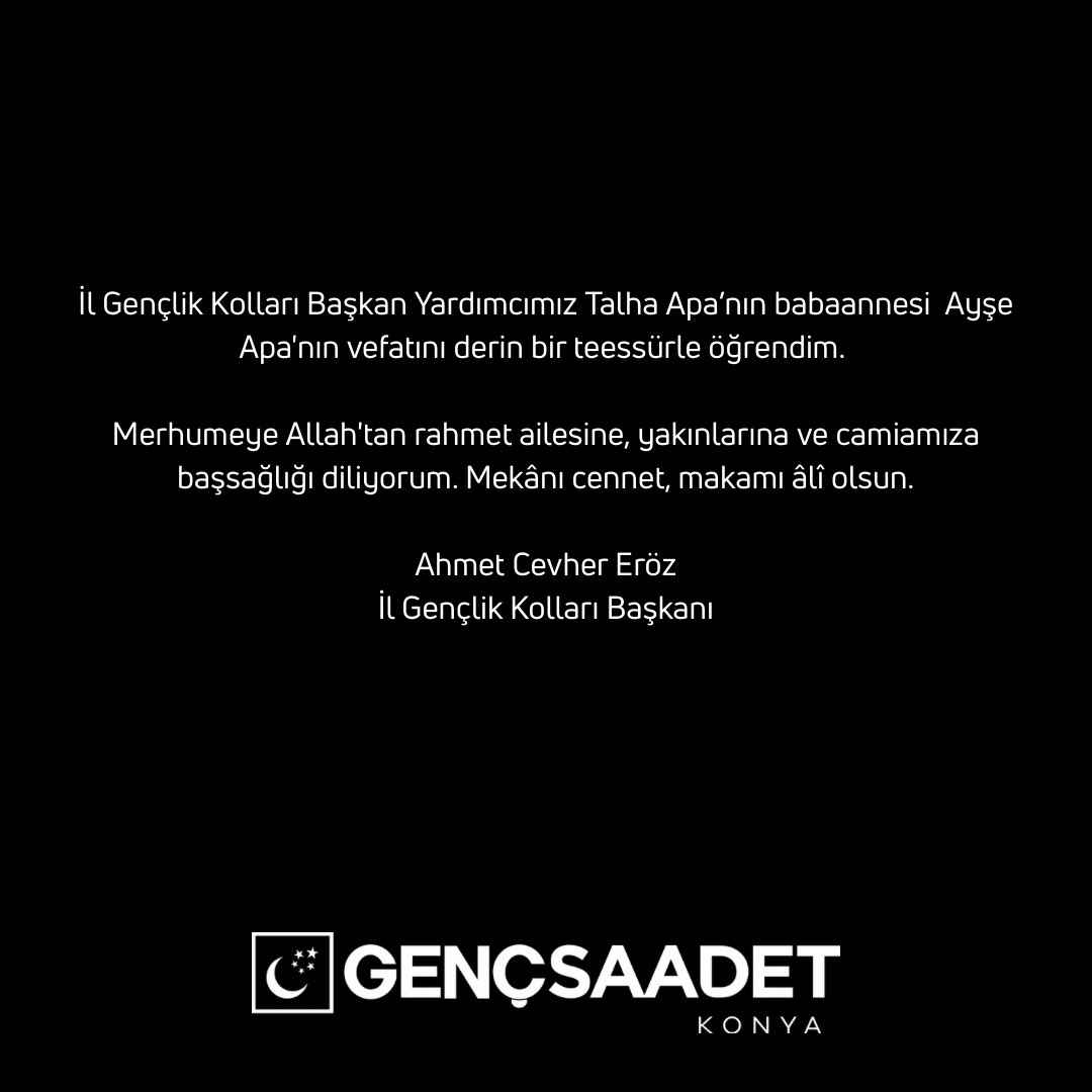 İl Gençlik Kolları Başkan Yardımcımız Talha Apa’nın babaannesi  Ayşe Apa'nın vefatını derin bir teessürle öğrendim.

Merhumeye Allah'tan rahmet ailesine, yakınlarına ve camiamıza başsağlığı diliyorum. Mekânı cennet, makamı âlî olsun.

Ahmet Cevher Eröz
İl Gençlik Kolları Başkanı