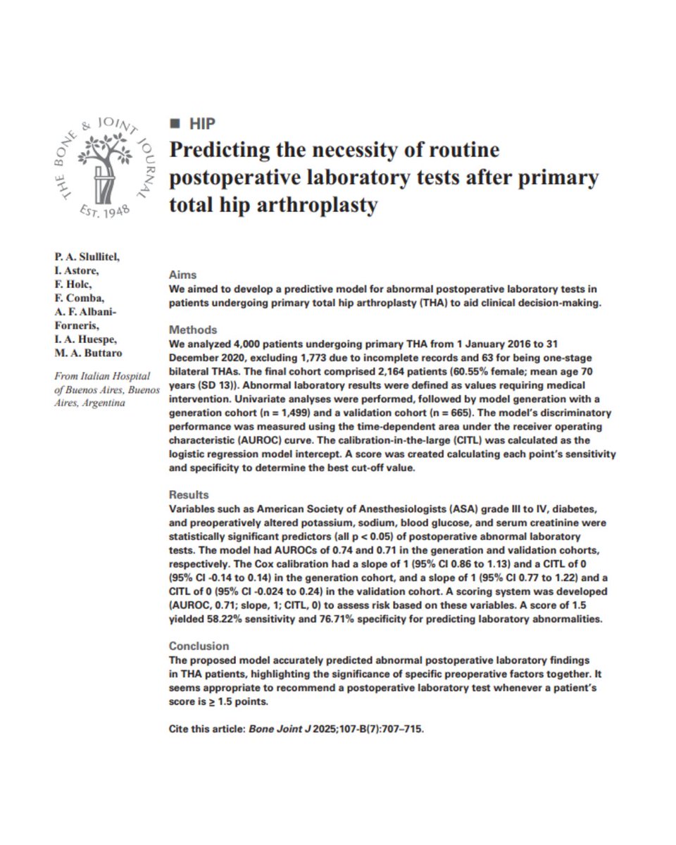 BoneJointJ's tweet image. This study aimed to develop a predictive model for abnormal postoperative laboratory tests in patients undergoing primary total hip arthroplasty to aid clinical decision-making.
#Arthroplasty #HipReplacement #BJJ @pslull
ow.ly/Xlgm50Wj33n