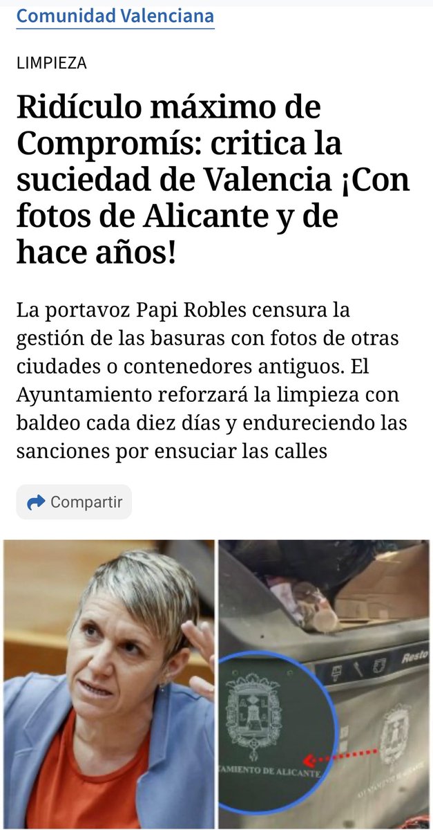Ridículo máximo de <a href="/compromis/">Compromís</a> : critica la suciedad de Valencia ¡Con fotos de Alicante y de hace años!

La portavoz Papi Robles censura la gestión de las basuras con fotos fake o contenedores antiguos.

El Ayuntamiento además reforzará la limpieza con baldeo cada diez días ♻️