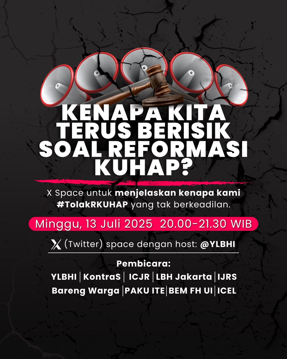 YayasanLBHIndonesia (@ylbhi) on Twitter photo Nanti malam jam 8 WIB mimin mau ngobrol bareng sama teman-teman kece yang selama ini berisik ngomongin #ReformasiKUHAP.
Ada <a href="/KontraS/">KontraS</a> <a href="/ICJRid/">Perkumpulan ICJR</a> <a href="/safenetvoice/">SAFEnet | Southeast Asia Freedom of Expression Net</a> <a href="/LBH_Jakarta/">LBH JAKARTA</a> <a href="/barengwarga/">Bareng Warga - #IndonesiaGelap</a> <a href="/ijrs_official/">Indonesia Judicial Research Society (IJRS)</a> , BEM FH UI dan ICEL.
Kita bakal bahas tuntas alasan kenapa kami semua Nanti malam jam 8 WIB mimin mau ngobrol bareng sama teman-teman kece yang selama ini berisik ngomongin #ReformasiKUHAP.
Ada <a href="/KontraS/">KontraS</a> <a href="/ICJRid/">Perkumpulan ICJR</a> <a href="/safenetvoice/">SAFEnet | Southeast Asia Freedom of Expression Net</a> <a href="/LBH_Jakarta/">LBH JAKARTA</a> <a href="/barengwarga/">Bareng Warga - #IndonesiaGelap</a> <a href="/ijrs_official/">Indonesia Judicial Research Society (IJRS)</a> , BEM FH UI dan ICEL.
Kita bakal bahas tuntas alasan kenapa kami semua