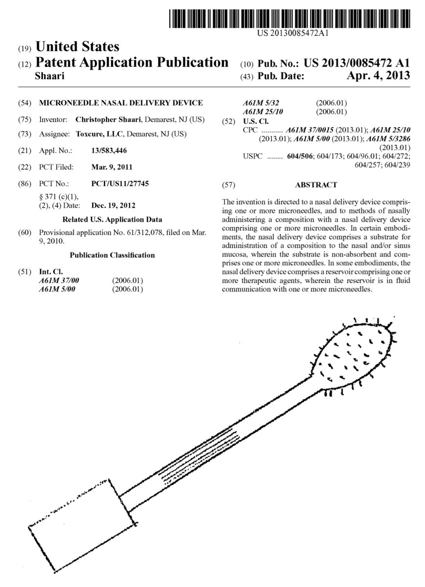 PATENT US20130085472A1 MICRONEEDLE NASAL DELIVERY DEVICE   

Patent: patents.google.com/patent/US20130…

Is there anyone that didn't take a PCR test over the last 4 years?