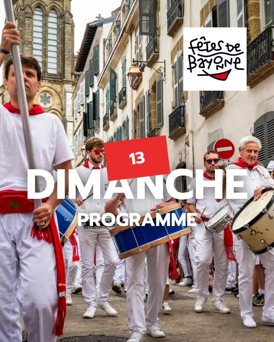🗓 Fêtes de Bayonne - Programme du dimanche 13 juillet (Journée de clôture) |
- 8h30 - 1h30 : Mouss’Roll : animations diverses, concerts et restauration (Portes de Mousserolles)
- 9h : Dianas de Gaiteros (Centre-ville) 
- 10h - 13h30 : Finale du Masters des Fêtes 2025 (Trinquet