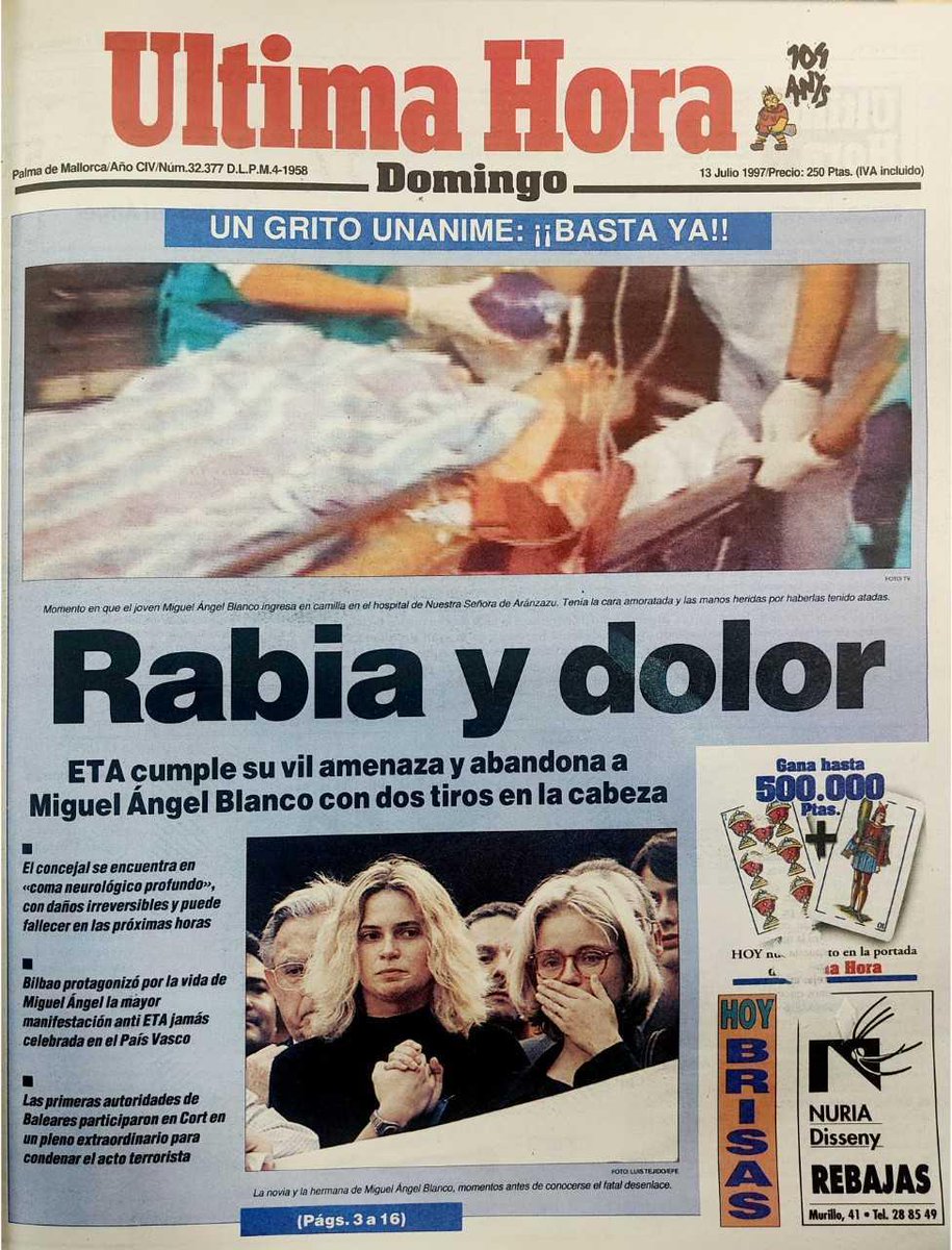 Hoy 13 de julio, en 1997, los hijos de puta asesinos de ETA mataron de dos tiros a Miguel Ángel Blanco y lo abandonaron, ahora estos ayudan al gobierno socialista a seguir en pie con su corrupción.
DEP 🙏 🙏 🙏 
#NiOlvidoNiPerdón 
#ETAAsesina
#BilduEsETA