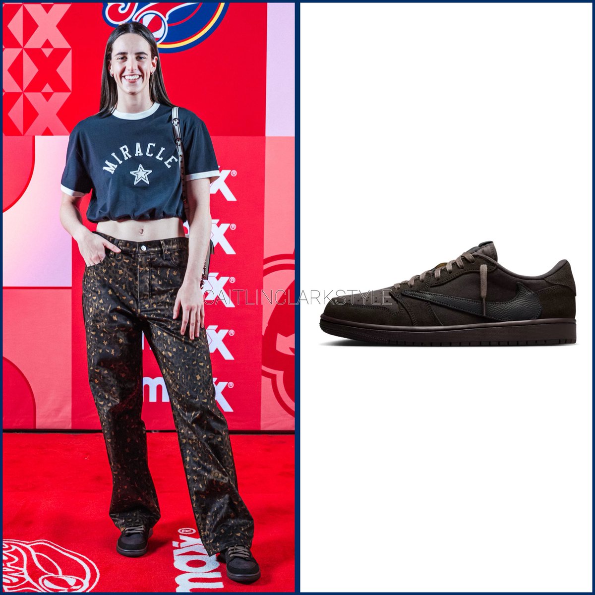 caitlinclarksty's tweet image. July 11, 2025: @CaitlinClark22 at Fever vs Dream | Indianapolis, Indiana | wearing @Nike Air Jordan 1 x Travis Scott. Shop: resale starts at $262 go.shopmy.us/p-21106510 #KCPartner 

Caitlin hit the tunnel in the Velvet Brown and Dark Mocha toned Travis Scott Jordans with the