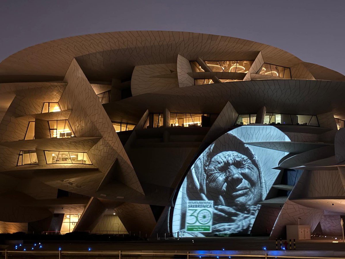 NMOQatar's tweet photo. Bosnia is commemorating the 30th anniversary of the Srebrenica genocide, and as part of this solemn occasion, the powerful image "Mother of Srebrenica" was showcased at the National Museum of Qatar. https://t.co/3VFN5ZxuGL