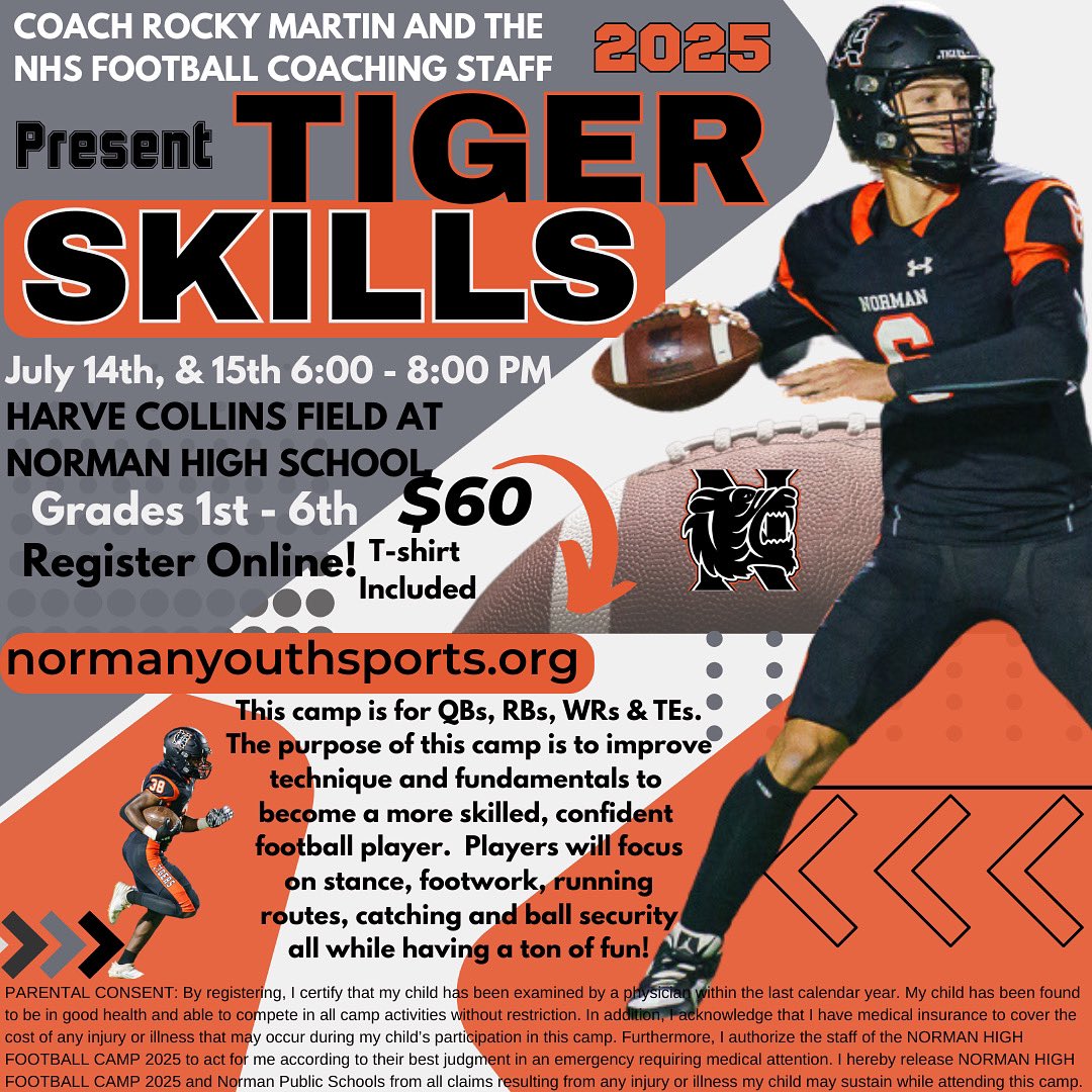 nhstigerfb's tweet image. It’s not too late to join us for the 2025 Youth Skills camp this Monday & Tuesday! Link in profile! Fight On!