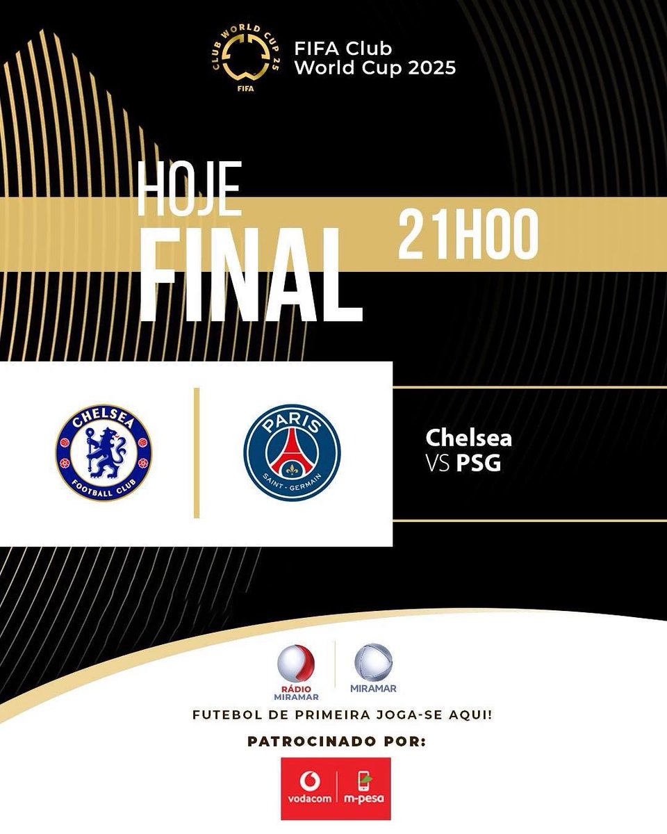 É HOJE! A grande final da FIFA Club World Cup 2025!

Acompanhe em directo na Rádio e TV Miramar. Chelsea vs PSG, neste domingo, pontualmente às 21h00!🔥

Futebol de Primeira joga-se na Rádio e TV Miramar!

#TVMiramar #RádioMiramar #FIFA #ClubWorldCup #futeboldeprimeira #Vodacom