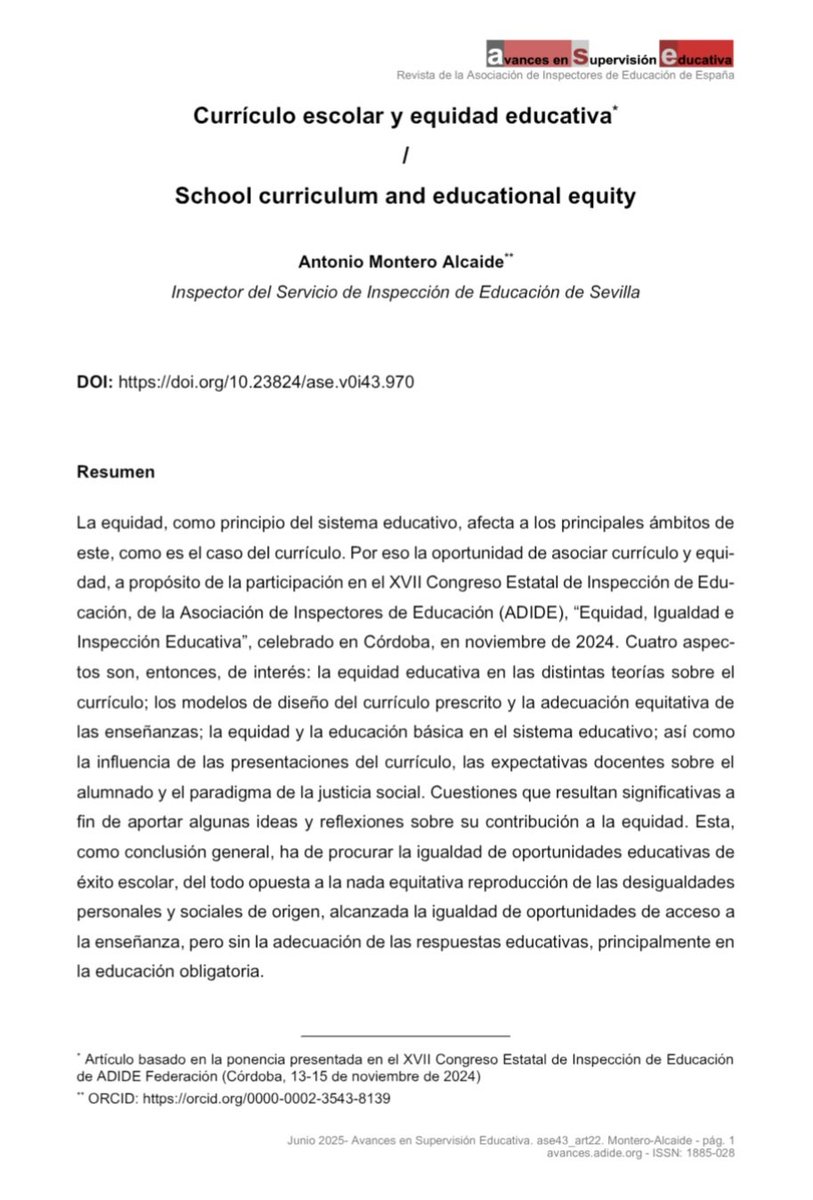 Currículo escolar y equidad educativa 

Por  Antonio Montero Alcaide 

Una mirada hacia la igualdad de oportunidades educativas 

avances.adide.org/index.php/ase/…